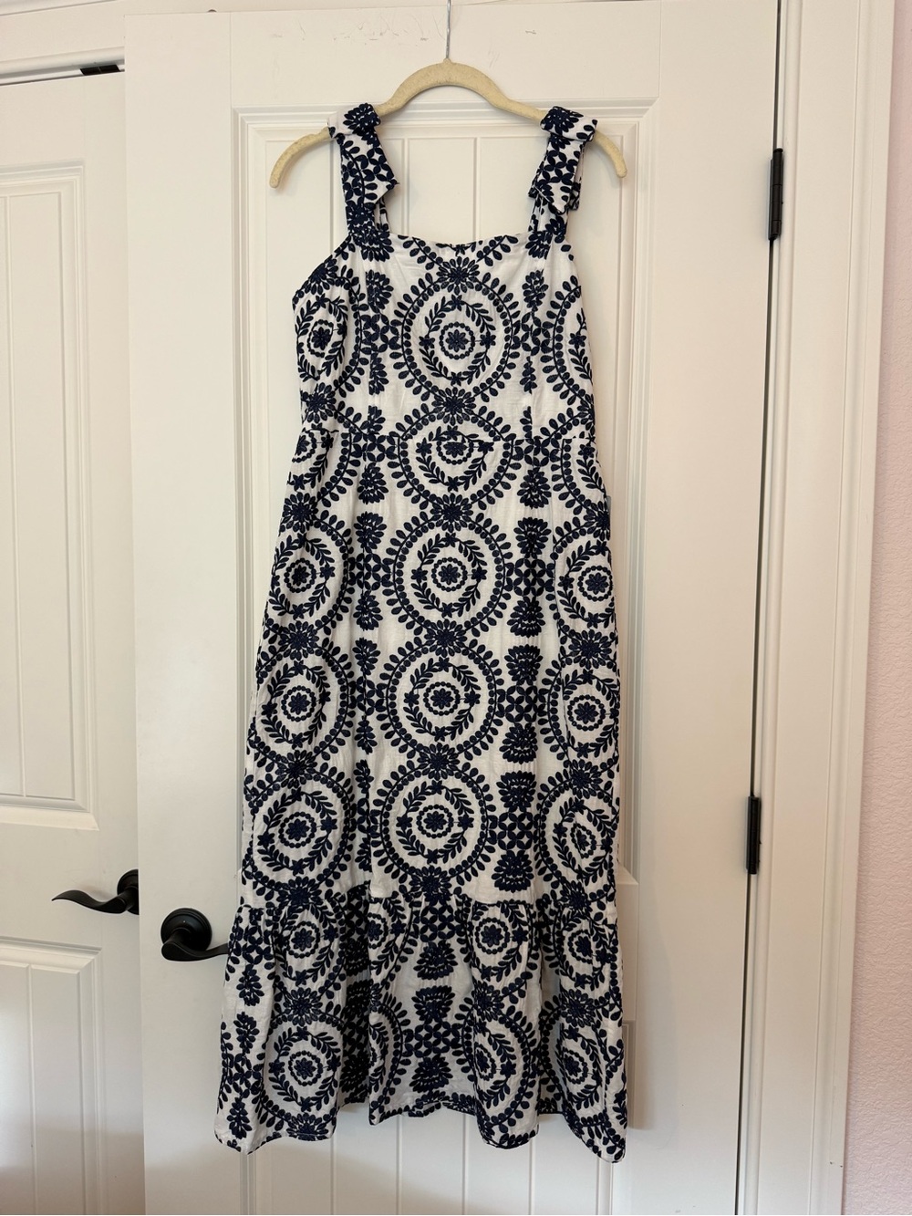 Adelyn Rae White Maxi Dress with Navy Medallion Print